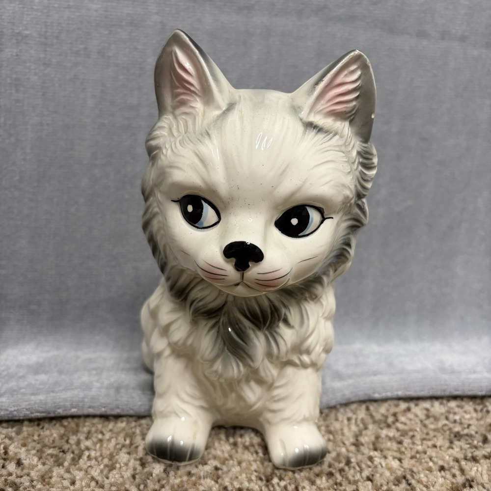 Vintage White Cat Ceramic Planter Vase Inarco Japan Kitschy Amorphic Persian